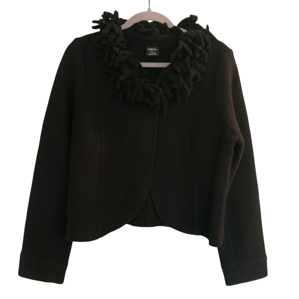 Tribal Women's Black Wool Blend‎ Jacket w/Unique Ruffle Collar Sweater Cardigan